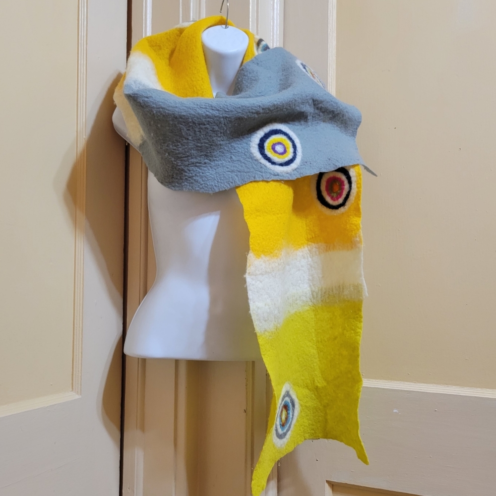 Wool felt scarf, original hand made boutique, bullseye oblong wrap